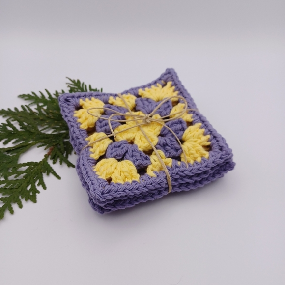 Handcrafted Cotton Coasters - Set of 4 - Purple and Yellow - Picture 1 of 7